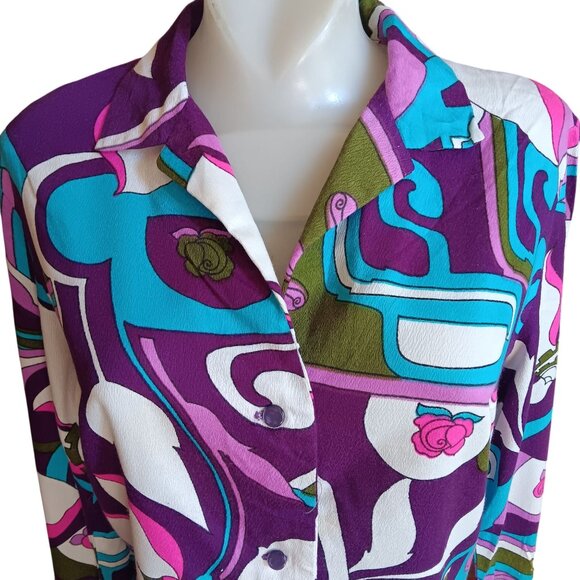 Large Vintage 70s Psychedelic Print Blouse Abstract Floral Groovy Granny Hippie - Picture 1 of 9